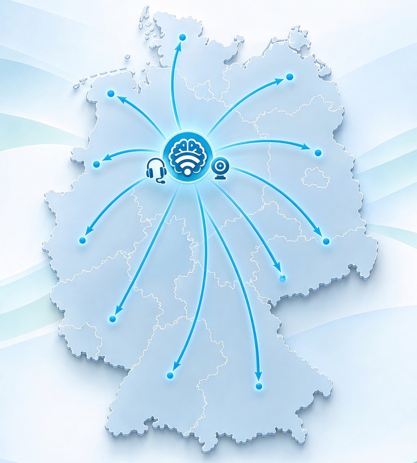 Deutschlandkarte mit strahlenden Verbindungen zu allen Bundesländern – Sinnbild für Präsenz- und Online-Schulungen deutschlandweit